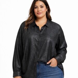 Lane Bryant black shimmer sheer long sleeve hidden button up evening blouse 18